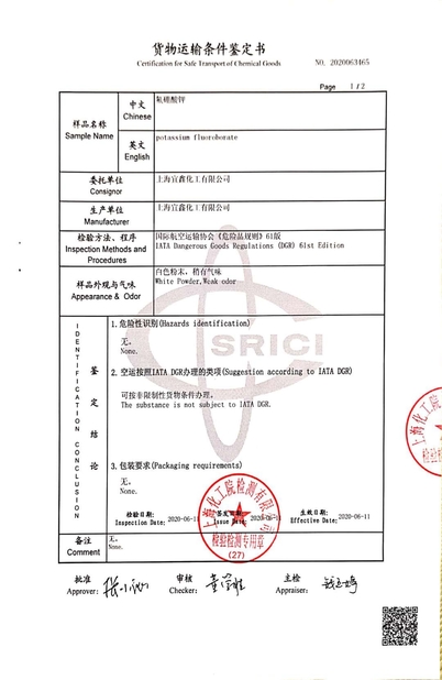 China Shanghai Yixin Chemical Co., Ltd. Certificaten